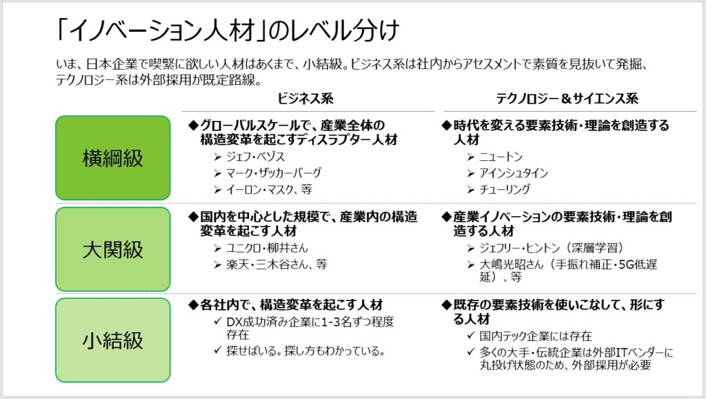 資料　イノベーション人材のレベル分け　出典：経営戦略セミナー「確実な成長を牽引する人材マネジメント」公開資料より